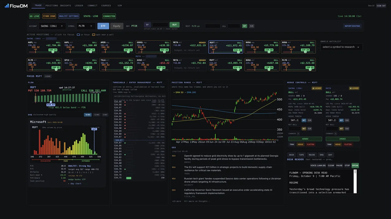 The FlowDM Trade terminal showing live positions, each with its price, hedge threshold and unrealized gain.