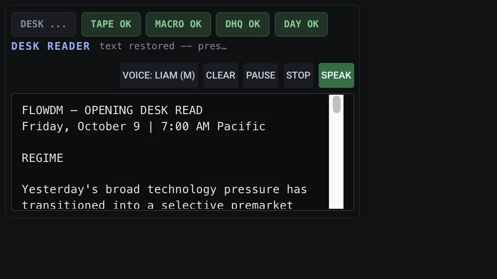 The Desk Analyst compile button and Desk Reader controls.